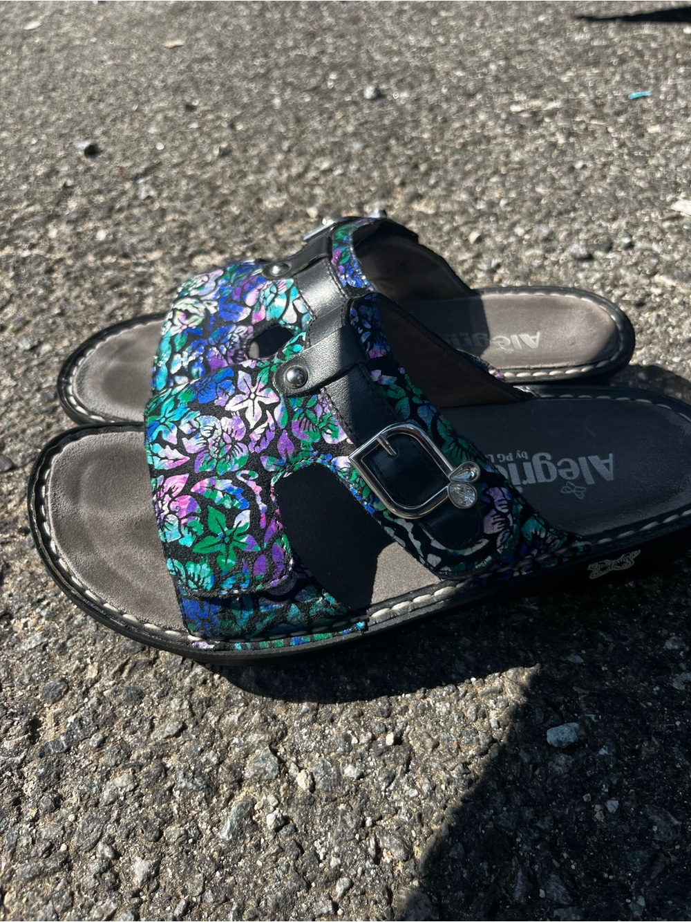 Alegria Floral Slide Sandals in Black with Green, Blue, Purple Accents